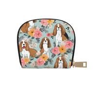 ESASAM Sweet Basset Hound Sac à cartes en cuir imprimé floral élégant Sac à cartes - Petit, pratique et imperméable, blanc, Taille unique