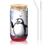 ESASAM Tasse en verre avec paille recouverte de bambou et motif pingouins mignons de 473,6 g, hautement transparente et sans BPA, saine et respectueuse de l'environnement