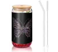 ESASAM Tasse en verre avec paille recouverte de bambou et papillon en strass, très transparente et sans BPA, saine et respectueuse de l'environnement