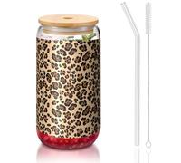 ESASAM Tasse en verre avec paille recouverte de bambou imprimé léopard, très transparente et sans BPA, saine et respectueuse de l'environnement