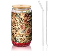 ESASAM Tasse en verre avec paille recouverte de bambou Motif léopard rayé 473 ml, hautement transparent et sans BPA, sain et respectueux de l'environnement
