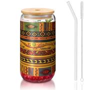 ESASAM Tasse en verre de paille recouverte de bambou avec motif national africain abstrait, très transparente et sans BPA, saine et respectueuse de l'environnement