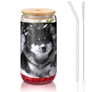 ESASAM Wolf Tasse en verre avec paille recouverte de bambou 473 ml, hautement transparente et sans BPA, saine et respectueuse de l'environnement