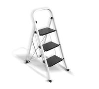 MSV Escabeau pliant 3 marches acier – 150 kg, Norme GS, pieds antidérapants – Noir/Blanc