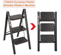 Escabeau 3 Marches - TOKIUS Échelle pliante avec Marchepied Antidérapan - Escabeau en Aluminium Robuste, Léger et Portable, Noir