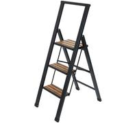 WENKO Escabeau 3 marches Design | Marches antidéparantes | Echelle légère et Pliante | Hauteur 75 centimètres|Ultra Fin| Aluminium | 44 x 127 x 5.5 cm | Noir et Bambou