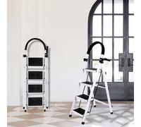 Escabeau 4 Marches Pliable en Acier, Charge 150 kg, Marche Pied Antidérapant, Plateforme de Travail, Escabeau avec Main Courante pour Cuisine Atelier Entrepôt-133 x 74 x 39 cm - 4 marches (Blanc)
