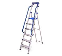 Escabeau 6 marches Secure pro, aluminium renforcé, sécurisé avec rampes, tablette porte-outils, hauteur plateforme 135cm, charge