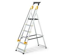 Escabeau 6 marches sécurisé avec rampes, tablette porte-outils, marchepied pliable aluminium, hauteur plateforme 119cm, garantie 5 ans Hoström