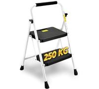 Escabeau à 2 Marches, Tabouret Pliant avec Large Pédale Antidérapante, Échelle Stable en Acier, Poignée Confortable, Tabouret Escabeau en Acier Léger et Portable, Blanc