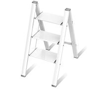 Escabeau à 3 marches, Tabouret HBTower Pliable avec Large pédale antidérapante, capacité 150kg Aluminium Stepader léger Portable pour Bureau ménager, Blanc