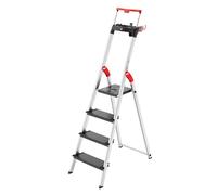 Escabeau de sécurité Pliable en Aluminium 4 marches Larges Hailo L100 | Avec marches XXL antidérapantes extra profondes, système de verrouillage à plateforme, plateau multifonction