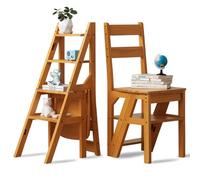 Escabeau pliable 2 en 1 à 4 marches et chaise - Escabeau en bois - Charge maximale : 180 kg - Convient pour la cuisine, la maison, les bibliothèques (couleur miel)