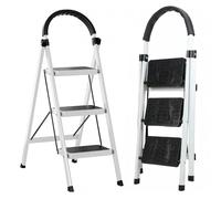 Escabeau pliable à 3 marches avec mains courantes - Avec marches antidérapantes - Pour cuisine, garde-manger, armoires, bureau - Léger et peu encombrant - Charge maximale : 150 kg - Blanc