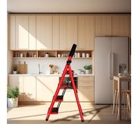 Escabeau Pliable en 4 Marches, Échelle Antidérapante avec Poignée, Robuste et Large Pédale, Multi-Usage pour Ménage et Bureau, Charge jusqu'à 150KG-133 x 74 x 39 cm - 4 marches (Rouge)