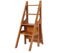 Escabeau pliable en bois massif pour bibliothèque - 4 marches - Double usage - Support robuste et solide - Outil de décoration d'intérieur