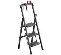 Escabeau pliant avec plate-forme à outils - en acier d'une capacité de 330 lb, larges marches antidérapantes pour la sécurité, design compact pliable plat, aide ménagère parfaite Noir