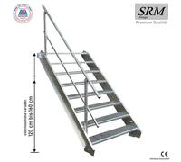 escalier 9 marches en acier d'un côté. Rampe largeur 140cm hauteur d'étage 135-180cm