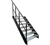 Escalier à limon en acier Marches en caillebotis 8 marches Rampe à gauche - Galvanisé & côtés peints en poudre anthracite - (L x H x P) 140 x 152 x 158 cm