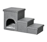 PawHut 3 en 1 escalier pour Chien à 3 marches, échelle antidérapante pour Animaux de Compagnie, avec Rangement intégré, Coussin en Peluche, Niche, revêtement en Tissu, Gris