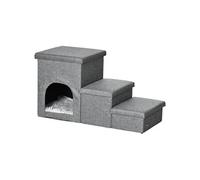 Escalier pour chat chien niche coffre 3 en 1 - 3 marches, coussin inclus - revêtement tissu rembourré doux - structure MDF - gris