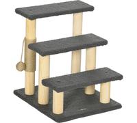 Escalier pour chat PawHut, 3 marches, 48 cm, avec colonne de sisal, escalier pour chien avec balle de jeu, aide à l'accès pour lits hauts, bois de pin, gris+naturel