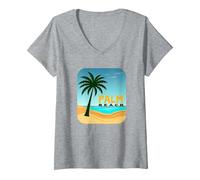 Escapade de Vacances au Paradis Tropical de Palm Beach T-Shirt avec Col en V, Femme, Gris Chiné, L