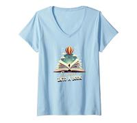 Escape Into A Book : Aventure de Lecture Magique T-Shirt avec Col en V, Femme, Bleu Céleste, L