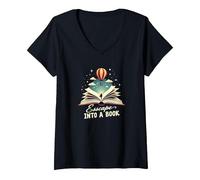 Escape Into A Book : Aventure de Lecture Magique T-Shirt avec Col en V, Femme, Noir, M