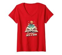 Escape Into A Book : Aventure de Lecture Magique T-Shirt avec Col en V, Femme, Rouge, L