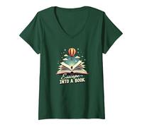 Escape Into A Book : Aventure de Lecture Magique T-Shirt avec Col en V, Femme, Vert Forêt, L