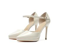 Escarpins à Bout fermé en Cuir Verni avec Boucle et Bride pour Femme, Chaussures de Travail pour Femme, Chaussures à Talons Aiguilles pour fête et Mariage,Blanc,36 EU