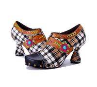 Escarpins à talon bloc en cuir clouté et tissu patchwork de couleur vive pour femme - Chaussures de soirée rétro, noir/marron, 42 EU