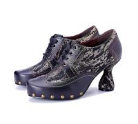 Escarpins à talon bloc en cuir clouté et tissu patchwork de couleur vive pour femme - Chaussures de soirée rétro, Noir , 39 EU