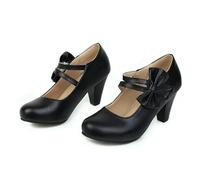 Escarpins à talon rond rose avec sangles de cheville nœud papillon - Chaussures élégantes Lolita en cuir synthétique pour femme - Chaussures de danse et de travail, Noir , 42 EU