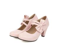 Escarpins à talon rond rose avec sangles de cheville nœud papillon - Chaussures élégantes Lolita en cuir synthétique pour femme - Chaussures de danse et de travail, Rose, 37 EU