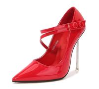 Escarpins à talons aiguilles pour femme - 12 cm - Bout pointu - Deux sangles de cheville - Chaussures de soirée, rouge, 44 EU