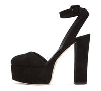Escarpins à Talons épais et Plateforme pour Femmes, Sandales à Bout fermé avec Bride à la Cheville, Bride arrière en Daim, Talons Hauts, Chaussures de soirée de Mariage,Noir,36 EU