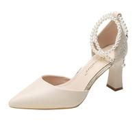 Escarpins à Talons épais pour Femmes à Bride en Perles Bout Pointu à Peplum Creux pour Les soirées habillées élégants Sexy Classiques fermés pour Les Mariages et Les mariées
