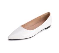 Escarpins Classiques Femme À Bout Pointé Ballerines Talon Bas Slip on Court Shoes en Cuir Vernis pour Bureau Et Tenue Quotidienne,Blanc,45 EU