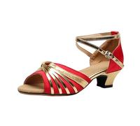 Escarpins de Danse Latine à Bride Cheville et Bout Ouvert - Talon mi-Haut Confortable pour Femme, idéal pour Salsa, Bachata et Pratique en Studio (Red, 40)