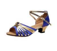 Escarpins de Danse Latine à Bride Cheville et Bout Ouvert - Talon mi-Haut Confortable pour Femme, idéal pour Salsa, Bachata et Pratique en Studio (Blue, 40)