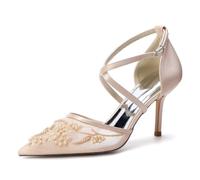 Escarpins de Mariage en Satin Blanc pour Femmes, Bouts Pointus avec Broderie de Perles, Escarpins de mariée à Bride arrière et Bride de Cheville pour soirée et fête,Champagne,36