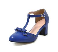 Escarpins Dirndl pour femme - En cuir synthétique - Avec nœuds - Élégantes - Avec sangle de cheville - Style vintage médiéval - Talons hauts, bleu, 34 EU