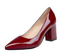 Escarpins en Cuir Verni à Talons carrés de 7.5cm pour Femmes, Chaussures Classiques à Bout Pointu, Escarpins de fête, Grande Taille,Wine Red,37 EU
