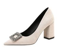Escarpins en Daim à Bout Pointu Femme Boucle Cristal Talon Carré Pumps Élégants Talons de Robe Décolletés pour Soirée Romantique et Dîner,Apricot 5cm,38 EU