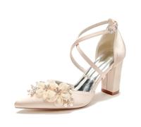 Escarpins Femme Bloc Talons Élégant Lanière Croisée et Bout Fermé Chaussures de mariée de Mariage avec Fleur Cristal Pearl,Champagne,36 EU
