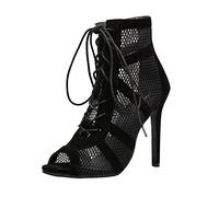 Escarpins Femme Maillé Lacets Talon Haut Aiguille Sandales Bottines Bouche de Poisson Sexy Chaussures Talons Hauts Respirantes Légères Confortable (Black, 38)