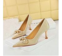 Escarpins Femme - Tendance - Vintage - Talon Fin - Perles Métalliques - Bout Pointu Beige