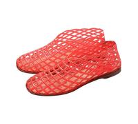 Escarpins jaunes pour femme et adulte - Sandales creuses en gelée transparente - Ballet de plage - Talon bas - Chaussures d'été confortables à enfiler - Sandales plates pour femme, rouge, 37 EU